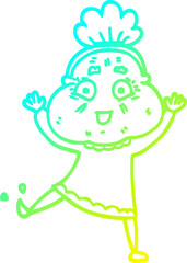 cold gradient line drawing of a cartoon happy old woman