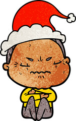 hand drawn textured cartoon of a annoyed old lady wearing santa hat