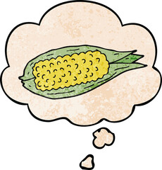 cartoon corn with thought bubble in grunge texture style