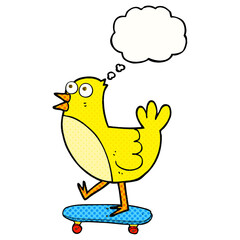 freehand drawn thought bubble cartoon bird on skateboard