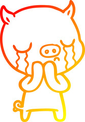 warm gradient line drawing of a cartoon pig crying