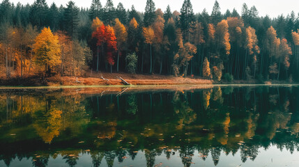 Fototapeta premium The autumn forest is reflected in the river, generative AI.