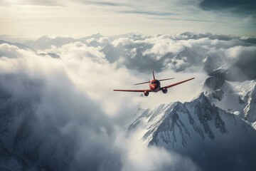 Obraz na płótnie Canvas A tiny crimson aircraft soars above misty snowy peaks. Elevation high. Generative AI