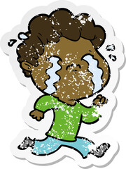 distressed sticker of a cartoon man crying