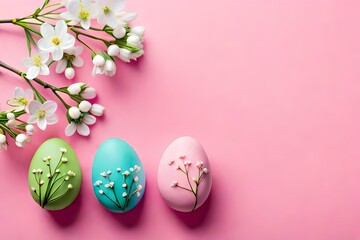 Fototapeta na wymiar Easter Traditions: Top-View of Festive Eggs on a Pink Background