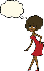 cartoon woman posing in dress with thought bubble