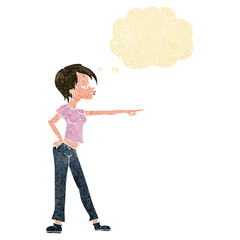 cartoon woman pointing with thought bubble