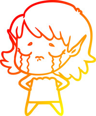 warm gradient line drawing of a crying cartoon elf girl