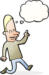 cartoon happy man pointing with thought bubble
