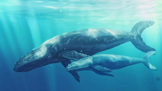 Cosmic Whale Love: Mother Humpback Protects Calf in Watercolor Paradise