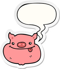 cartoon happy pig face with speech bubble sticker