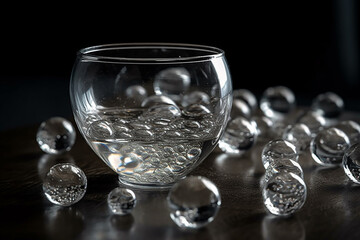 Scattered glass balls in a glass of water. Generative AI
