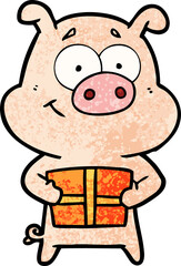 happy cartoon pig holding christmas present
