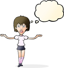 cartoon woman shrugging shoulders with thought bubble