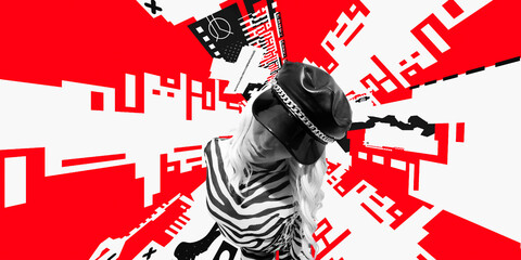 Contemporary digital collage art. Modern trippy design. Zebra fashion party girl