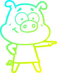 cold gradient line drawing of a happy cartoon pig