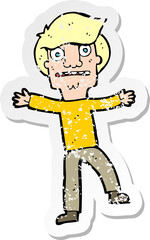 retro distressed sticker of a cartoon boy panicking