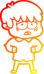 warm gradient line drawing of a cartoon exhausted boy