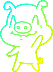 cold gradient line drawing of a nervous cartoon pig waving