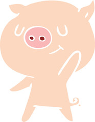 happy flat color style cartoon pig waving