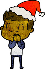 hand drawn textured cartoon of a friendly man wearing santa hat