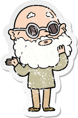 distressed sticker of a cartoon curious man with beard and glasses