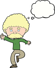 cartoon mustache man disco dancing with thought bubble