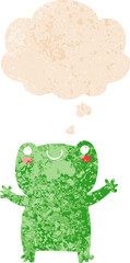cute cartoon frog with thought bubble in grunge distressed retro textured style