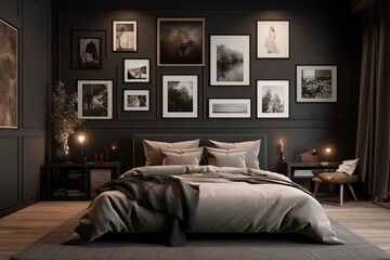 Minimalist dark bedroom with framed posters and paintings on wall - 3D render. Generative AI