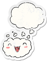 happy cartoon cloud with thought bubble as a distressed worn sticker