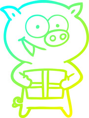 cold gradient line drawing of a cheerful pig with christmas gift