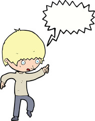 cartoon worried boy pointing with speech bubble