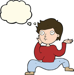 cartoon boy doing crazy dance with thought bubble