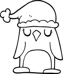 line drawing cartoon penguin wearing christmas hat
