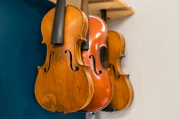 Unfinished violoncellos hanging in traditional luthier workshop