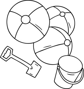 hand drawn line drawing doodle beach balls with a bucket and spade