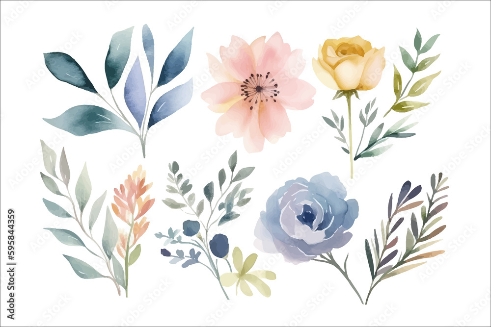 Wall mural Watercolor floral bouquet illustration set - blush pink blue yellow flower green . Generative AI