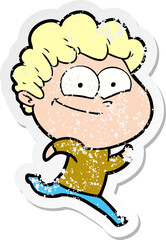 distressed sticker of a cartoon happy man