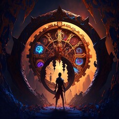 cavern of time with a surreal clockwork, time traveler - portal to another dimension, fantasy illustration, generative ai