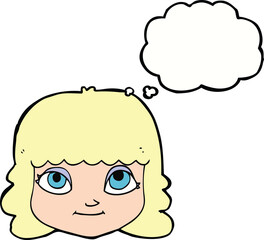 cartoon happy female face with thought bubble