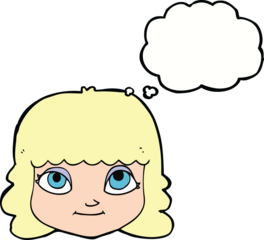 cartoon happy female face with thought bubble