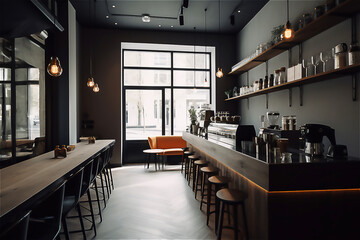 Empty cafe or bar interior, daytime, illustration, post processed AI generated image.