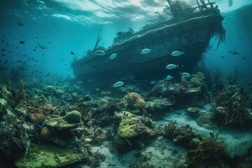 Abandoned ship encircled by corals - realistic imagery of wrecked vessel over coral reef, resting on underwater landscape, generative AI