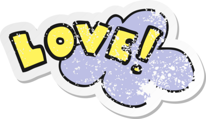 distressed sticker of a cartoon word love