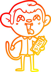 warm gradient line drawing of a crazy cartoon monkey with clipboard