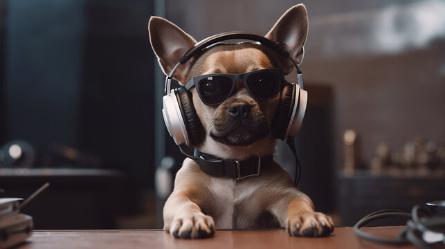 Cool beige dog in headphones and sunglasses sitting at the table generative AI