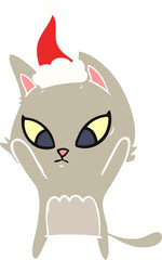 confused hand drawn flat color illustration of a cat wearing santa hat