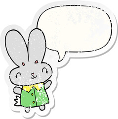 cute cartoon tiny rabbit with speech bubble distressed distressed old sticker