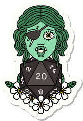 sticker of a half orc rogue with natural twenty dice roll