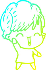 cold gradient line drawing of a cartoon laughing woman